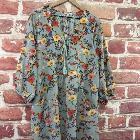 Jodifl Dress Women's Large Blue Multicolor Floral Boho Peasant Floral Popover - Picture 3 of 9